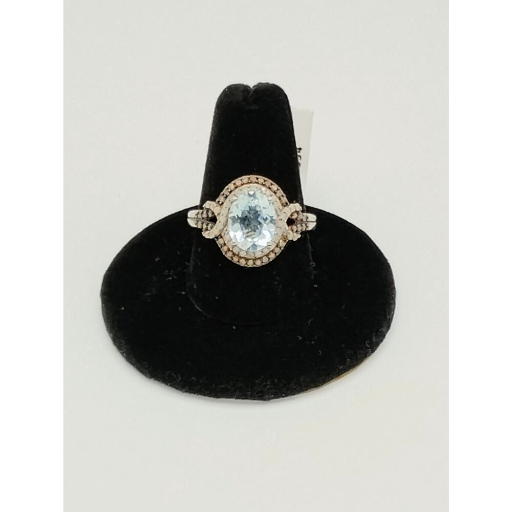 D'Joy 925 Aquamarine natural champagne w white diamond Sz 9
